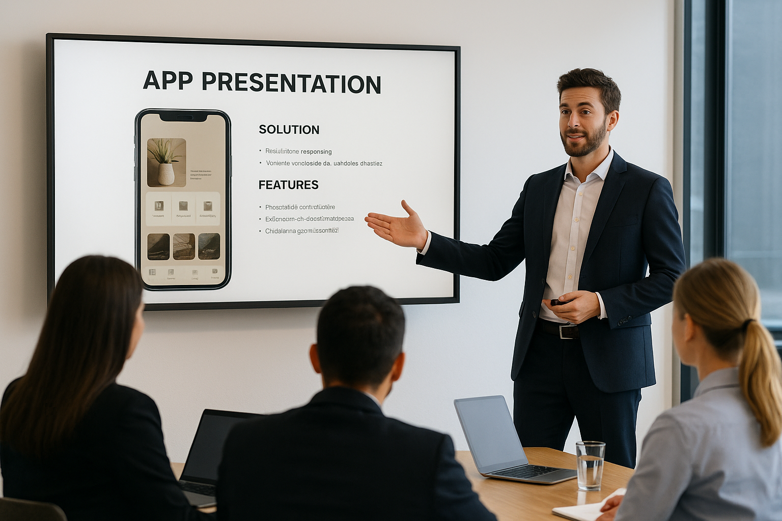 Business professional presenting a mobile app pitch to investors in a modern conference room, with a large screen showing app features and colleagues listening attentively.