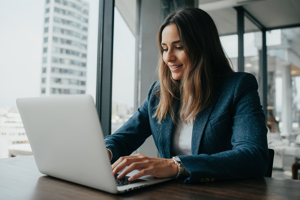 A female investor evaluates applications before investing in a startup at her desk with a laptop against the background of panoramic windows